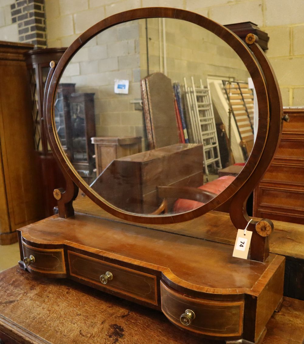 A 19th century banded and inlaid mahogany box-base toilet mirror, width 82cm depth 26cm height 82cm